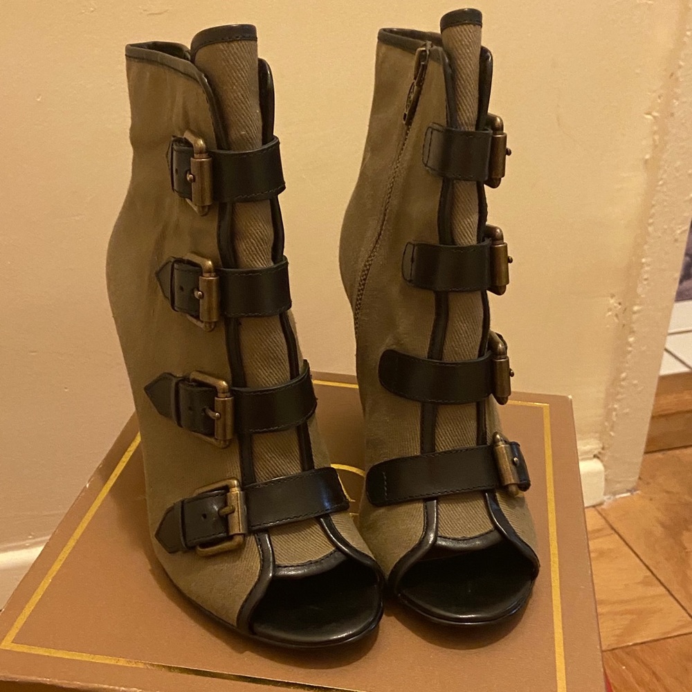 ASH Olive Twill Peep Toe Buckle Wedge Booties